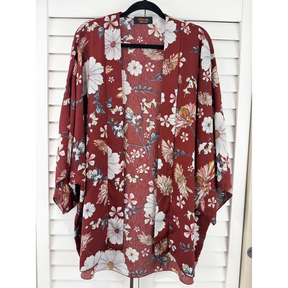 Renee C Burgundy Floral Kimono Cardigan L Red Daisy Open Front Wrap Lightweight
